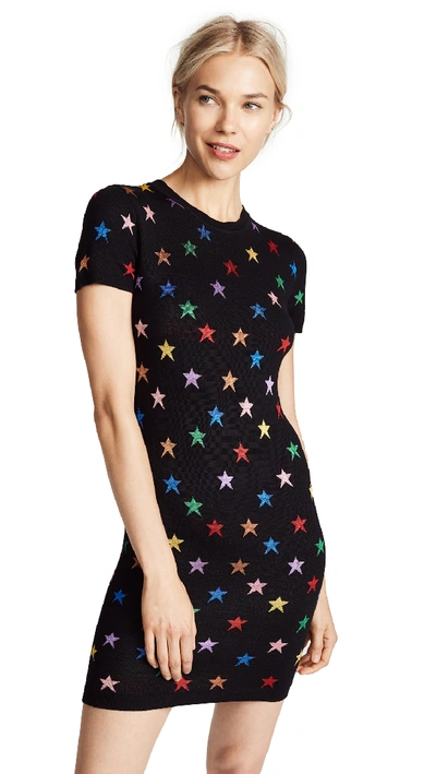 Alice And Olivia Hayden Short-sleeve Fitted Star Jacquard Dress In Black/multi