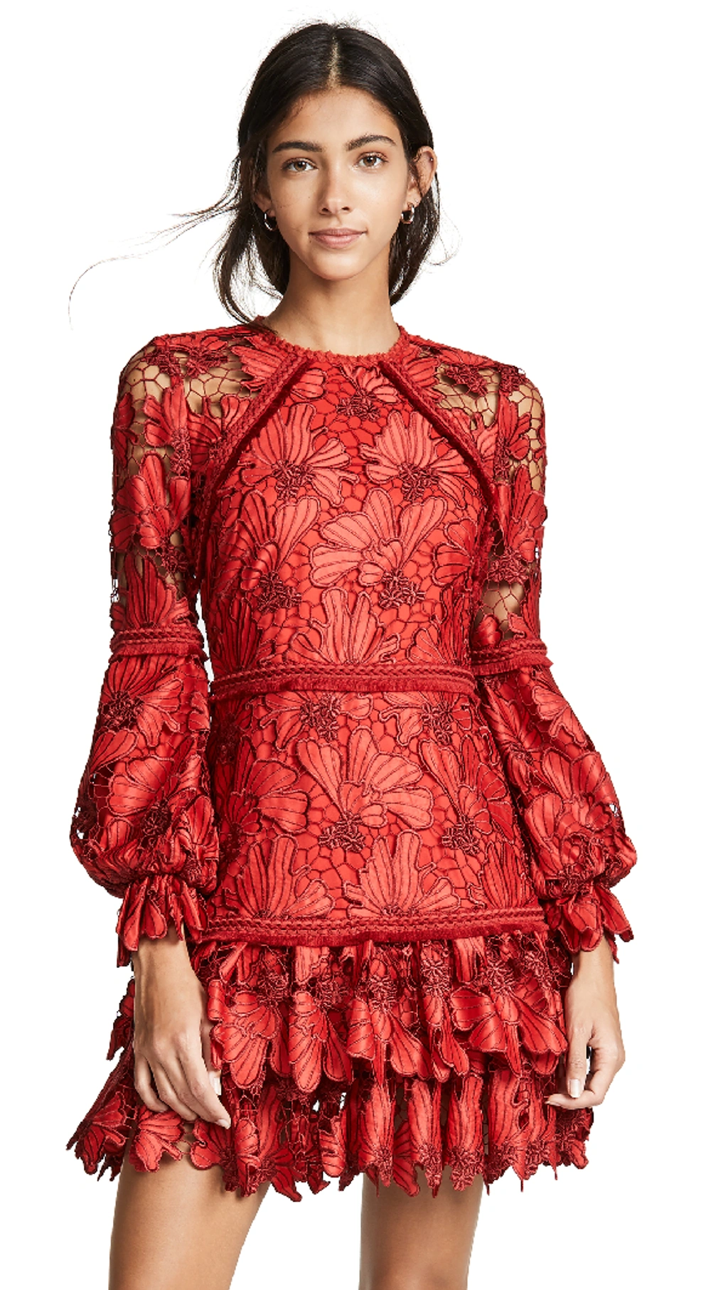 alexis red lace fransisca dress Alexis Fransisca Floral Lace Blouson-sleeve Dress In Scarlet Lace