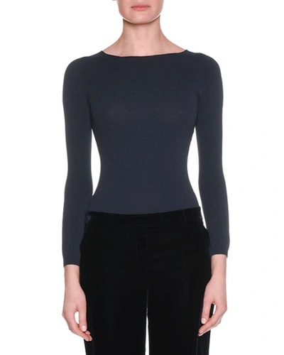 Giorgio Armani Round-neck Long-sleeve Thin Knit Wool-cashmere Top In Navy