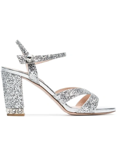 Miu Miu Crystal-embellished Glittered Leather Sandals In Metallic