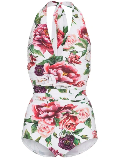 Dolce & Gabbana Rose And Peony-print Halterneck Swimsuit In Floral