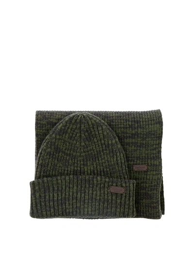 Barbour Crimdon Scarf And Beanie Ribbed Set In Green