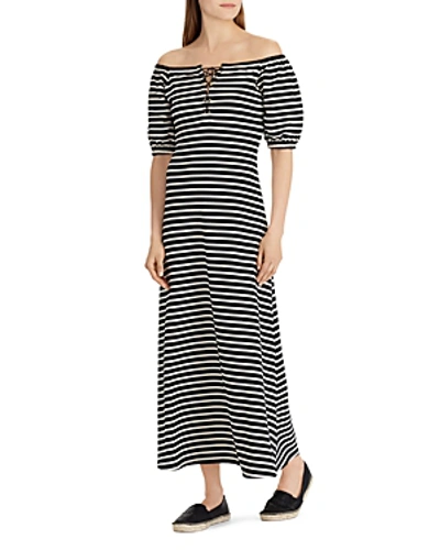 Ralph Lauren Lauren  Striped Off-the-shoulder Maxi Dress In Black Multi