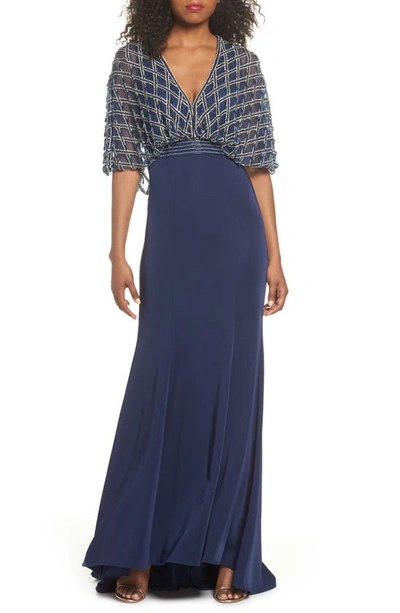 Mac Duggal V-neck Short-sleeve Embellished Cape Gown With Crepe Skirt In Midnight
