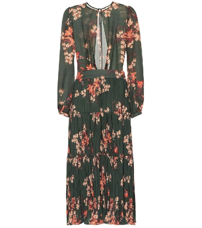 Johanna Ortiz Counter Culture Blouson-sleeve Floral-print Silk Georgette Midi Dress W/ Pleated Skirt In Rennaissance Forest