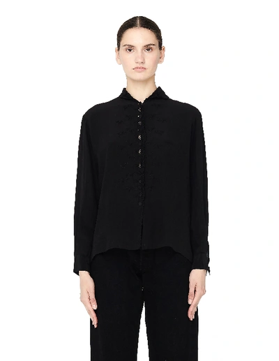 Blackyoto Vintage Silk Shirt With Flower Embroidery In Black