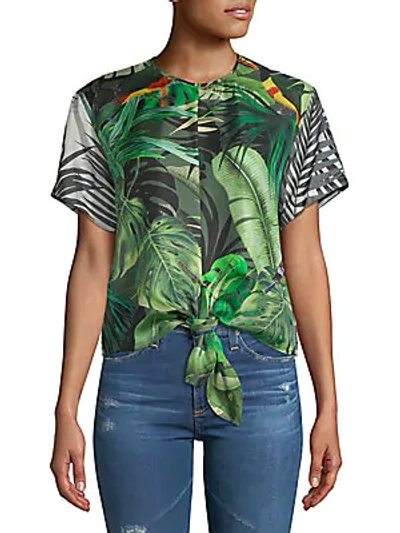 Max Mara Afro Printed Tie-front Silk Top In Sage Green