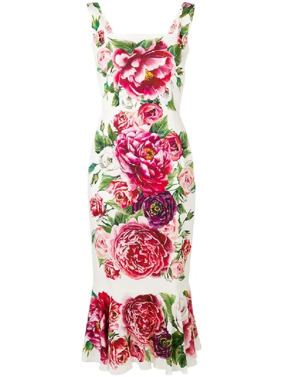 Dolce & Gabbana Charmeuse Stampa Peonieflutter Hem Dress In Multicolor