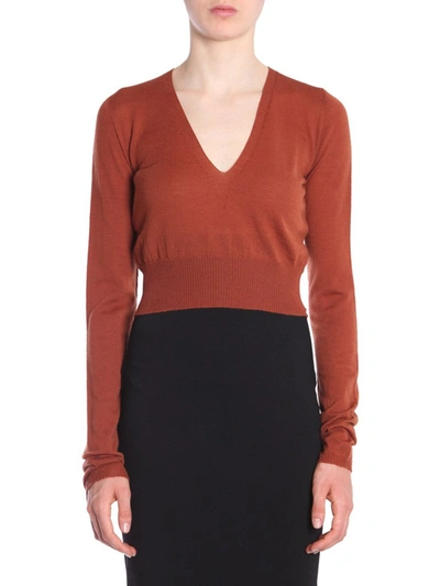 Rick Owens V Collar Sweater In Brown