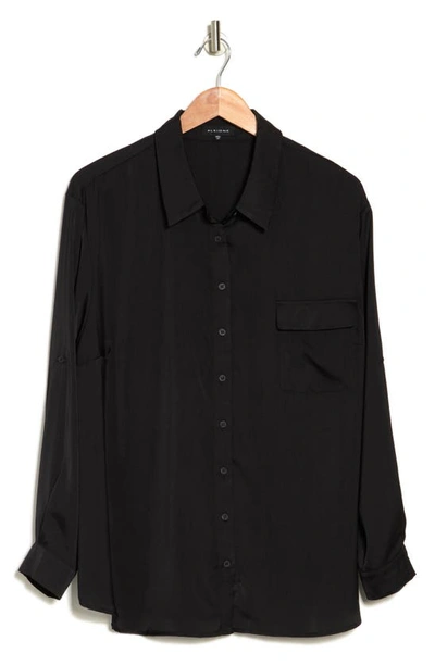 Pleione Satin Long Sleeve Button-up Utility Shirt In Black