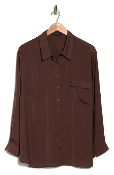 Pleione Satin Long Sleeve Button-up Utility Shirt In Chocolate