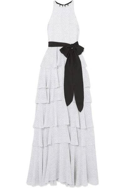 Halston Heritage Tiered Printed Sash-detail Gown In White