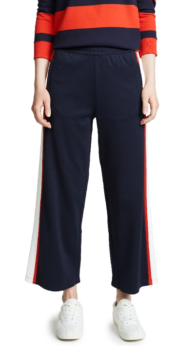 Tory Sport Wide-leg Cropped Side-stripe Jersey Track Pants In Navy