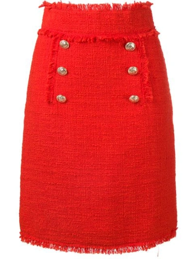 Msgm Fringed Cotton-tweed Skirt In Rosso