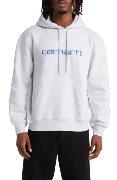 Carhartt Logo Embroidered Hoodie In Ash Heather / Liberty