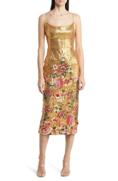 Marchesa Notte Sequin Cocktail Dress In Gold Multi