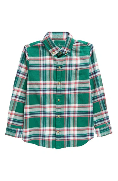 Vineyard Vines Kids' Plaid Stretch Flannel Button-down Shirt In Pld Turf Green