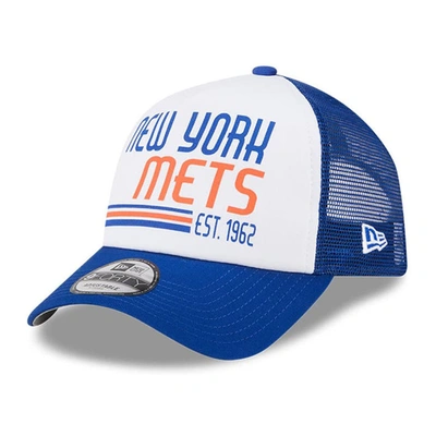 New Era White/royal New York Mets Stacked A-frame Trucker 9forty Adjustable Hat In White/blue
