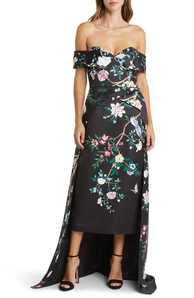 Marchesa Notte Floral Off The Shoulder High-low Gown In Black Combo