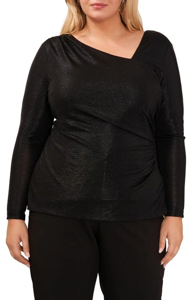 Halogen Metallic Long Sleeve Draped Knit Top In Rich Black