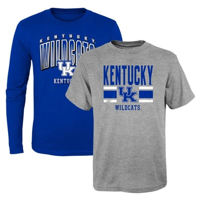 Outerstuff Kids' Preschool Royal/heather Gray Kentucky Wildcats Fan Wave Short & Long Sleeve T-shirt Combo Pack