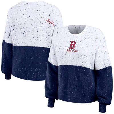 Wear By Erin Andrews Women's  White, Navy Boston Red Sox Color Block Script Pullover Sweater In White,navy