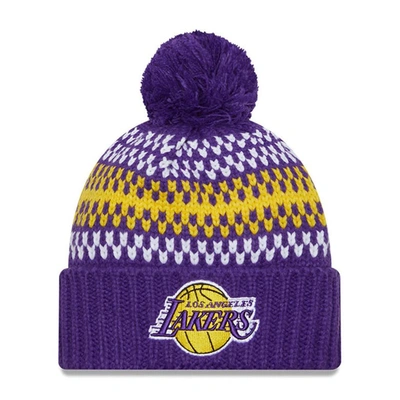 New Era Purple Los Angeles Lakers Lift Pass Cozy Cuffed Knit Hat With Pom