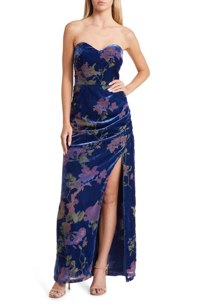 Lulus Exquisite Floral Velvet Burnout Strapless Gown In Blue Floral Print