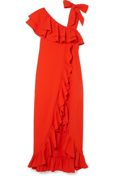 Ganni Ruffled Stretch-crepe Maxi Dress In Tomato Red