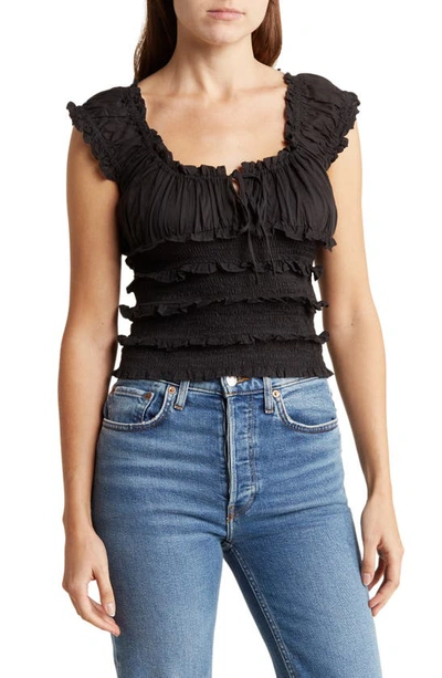 Bdg Urban Outfitters Frill Cotton Shirred Puff Sleeve Blouse In Black