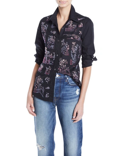 Libertine Chinoiserie Crystal Embellished Collared Top In Black