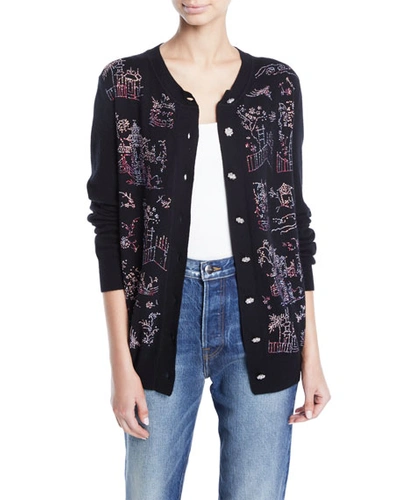 Libertine Chinoiserie Crystal Embellished Cashmere Cardigan In Black