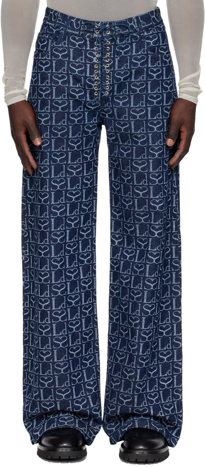 Ludovic De Saint Sernin Monogram-print Lace-up Jeans In Blue