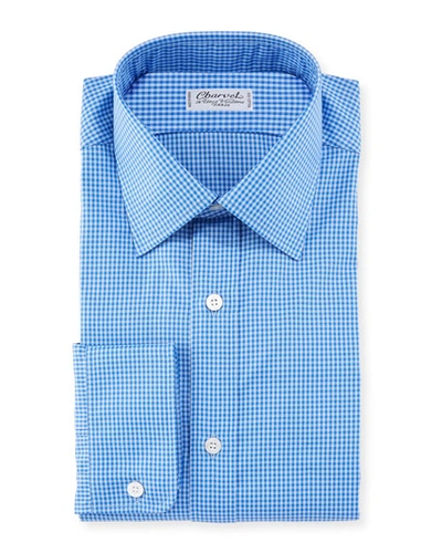Charvet Men's Tonal Tattersall Cotton Dress Shirt In Bright Blue