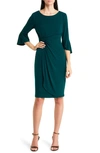 Connected Apparel Faux Wrap Bell Sleeve Jersey Cocktail Dress In Hunter
