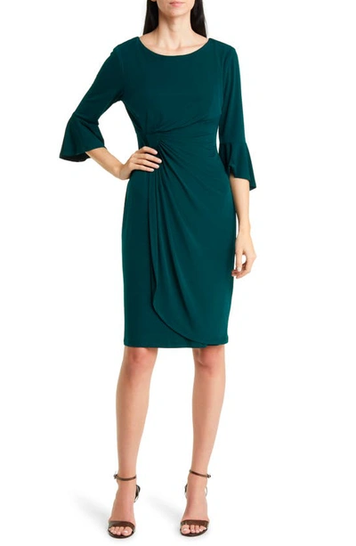 Connected Apparel Faux Wrap Bell Sleeve Jersey Cocktail Dress In Hunter
