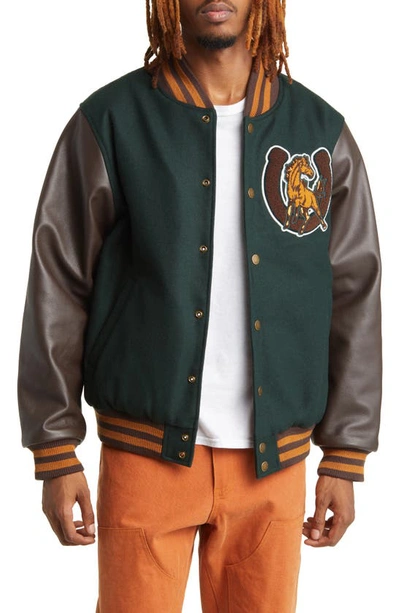 One Of These Days Mustang Wool & Leather Varsity Bomber Jacket In Green/ Brown
