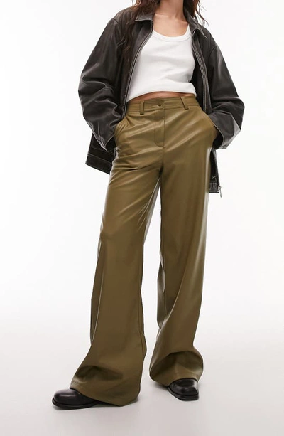 Topshop Wide Leg Faux Leather Pants In Green