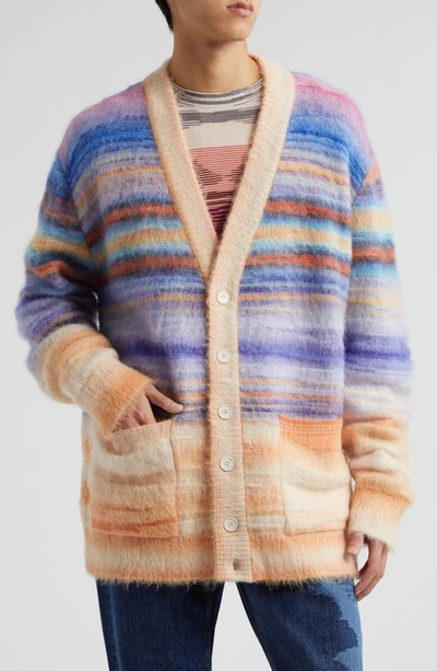 Missoni Stripe Wool, Alpaca & Mohair Blend V-neck Cardigan In Orange/ Lilac/ Blue