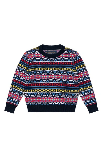 Brooks Brothers Kids' Fair Isle Jacquard Cotton Crewneck Sweater In Navy