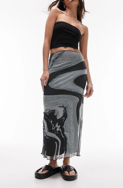 Topshop Marble Pattern Midi Skirt In Grey Multi
