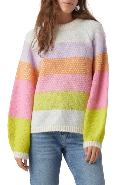 Vero Moda Cruz Rainbow Stripe Crewneck Sweater In Birchdetail Skyway Multi