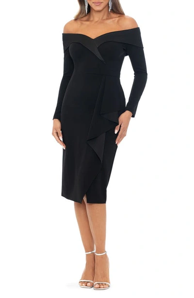 Xscape Tux Side Ruffle Off The Shoulder Long Sleeve Dress In Black