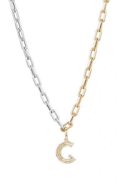 Adina Reyter Two-tone Paper Cip Chain Diamond Initial Pendant Necklace In Yellow Gold - C