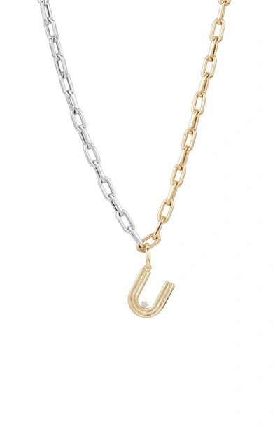 Adina Reyter Two-tone Paper Cip Chain Diamond Initial Pendant Necklace In Yellow Gold - U