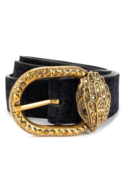 Kurt Geiger Croc Embossed Velvet Belt In Black/antique Brass