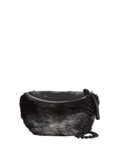 Nancy Gonzalez Crocodile And Fur Belt Bag/fanny Pack In Black/silver