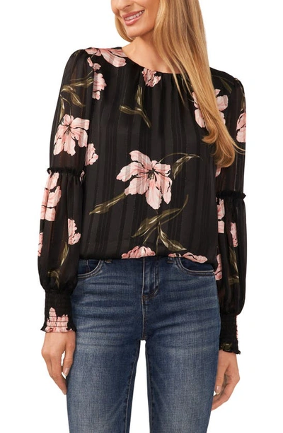 Cece Metallic Floral Print Top In Rich Black