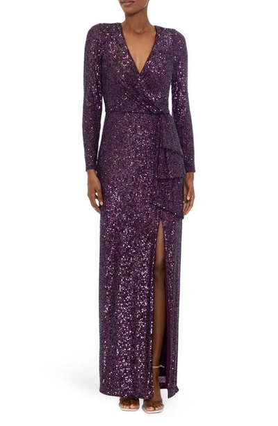 Xscape Sequin Long Sleeve Column Gown In Mulberry