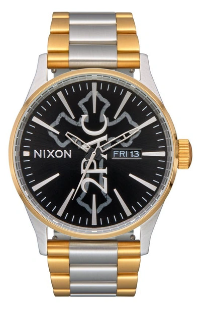 Nixon X 2pac Sentry Bracelet Watch, 42mm In Gold / Silver / Black